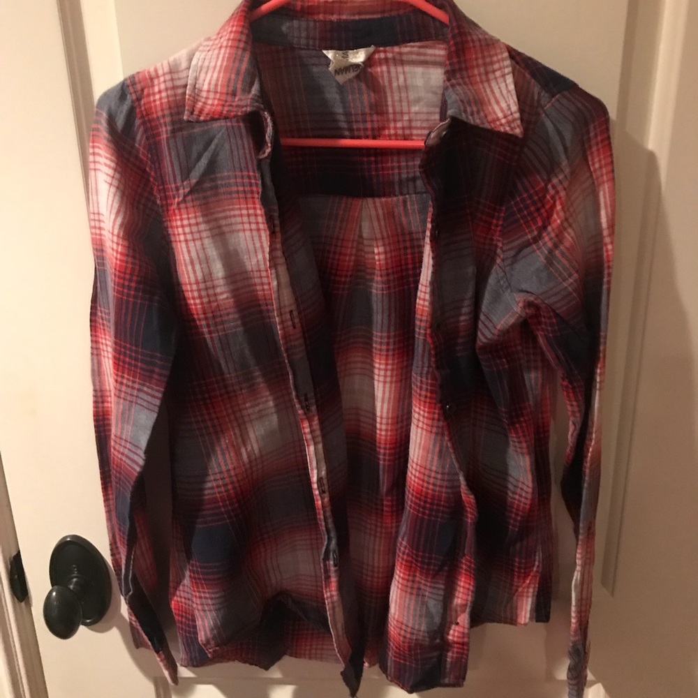 Red and blue flannel long-sleeve shirt
